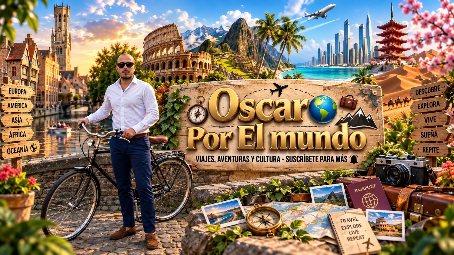Oscar junto a su bicicleta en un escenario de viajes